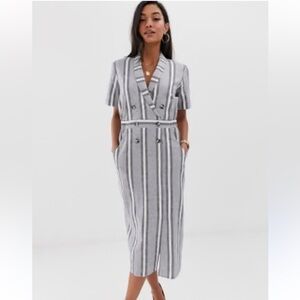 ASOS linen blend stripe tux midi dress black white size 16